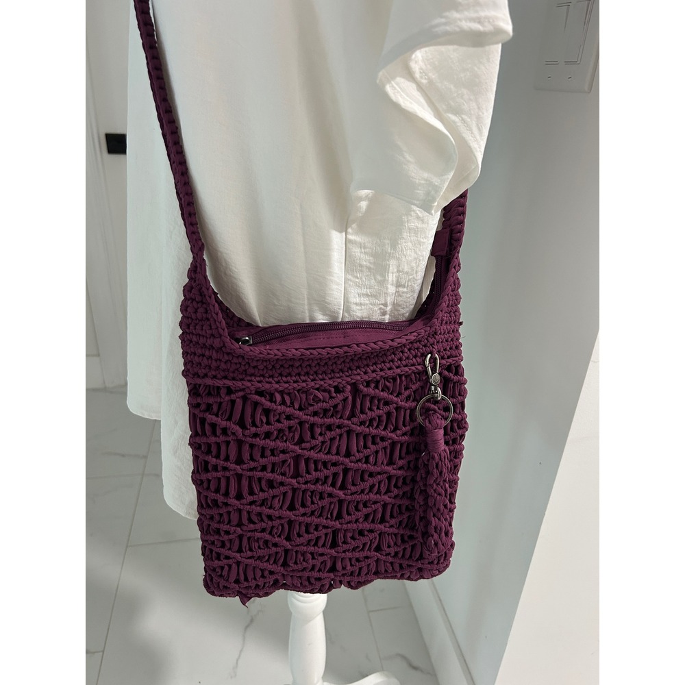 The Sak Crochet Crossbody Bag Plum Purple Macrame Woven Boho Tassel Purse